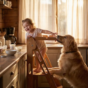 May include: A young child stands on a wooden step stool in a kitchen, reaching towards a golden retriever. The child is wearing a light-colored onesie and has food on their face. The dog is licking the child's hand.