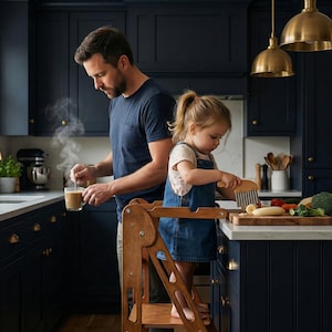 May include: A kitchen scene with a man stirring a cup of coffee and a young child using a wooden cutting board. The child stands on a wooden step stool. The kitchen has dark blue cabinets and gold pendant lights.