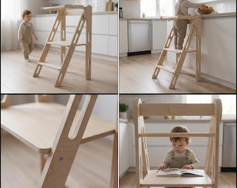 Toddler Sink Stool Wooden Folding Step, Compact Kids Stool, Montessori Step Up, Rounded Edge Stool