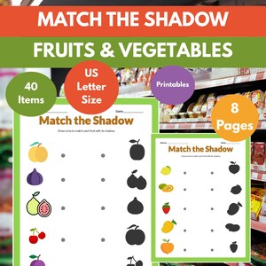Fruits and Vegetables Shadow Matching Kids Printables for Homeschool Learning | Back to School Activities