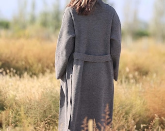 Gray Sweater Knit Cardigan, Long Trench Coatigan, Womens Fall Winter Coat, Oversized Wool Blend, Belted Wrap Duster, Plus Size Office Chic