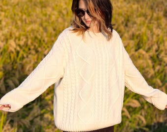 White Chunky Cable Knit Sweater, 100% Wool Womens Pullover, Soft Cozy Winter Jumper, Thick Autumn Clothing, Christmas Gift For Her