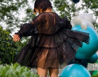 black long sleeve organza dress Lina- Black Organza Dress/ Modern Organza Dress/ Black Puffy Sleeves Dress/  Fun Birthday Dress/ Perfect Black Dress/ Square Neckline Dress