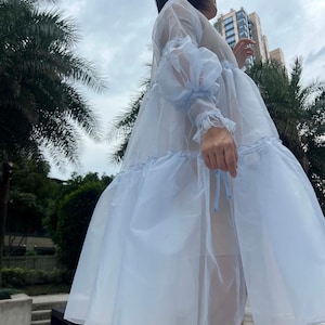 Powder Blue Organza Princess Dress, Customizable Puff Sleeve Gown, Lace Trim Bridesmaid Dress, Beach Cover-up, Garden Wedding Guest Outfit