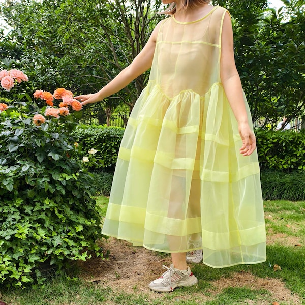 Pastel Yellow Organza Overlay Dress, Custom Boho Gown, Oversized Fairy Dress, 80+ Colors, Bridesmaid & Wedding Guest Dress, Plus Size Luxury
