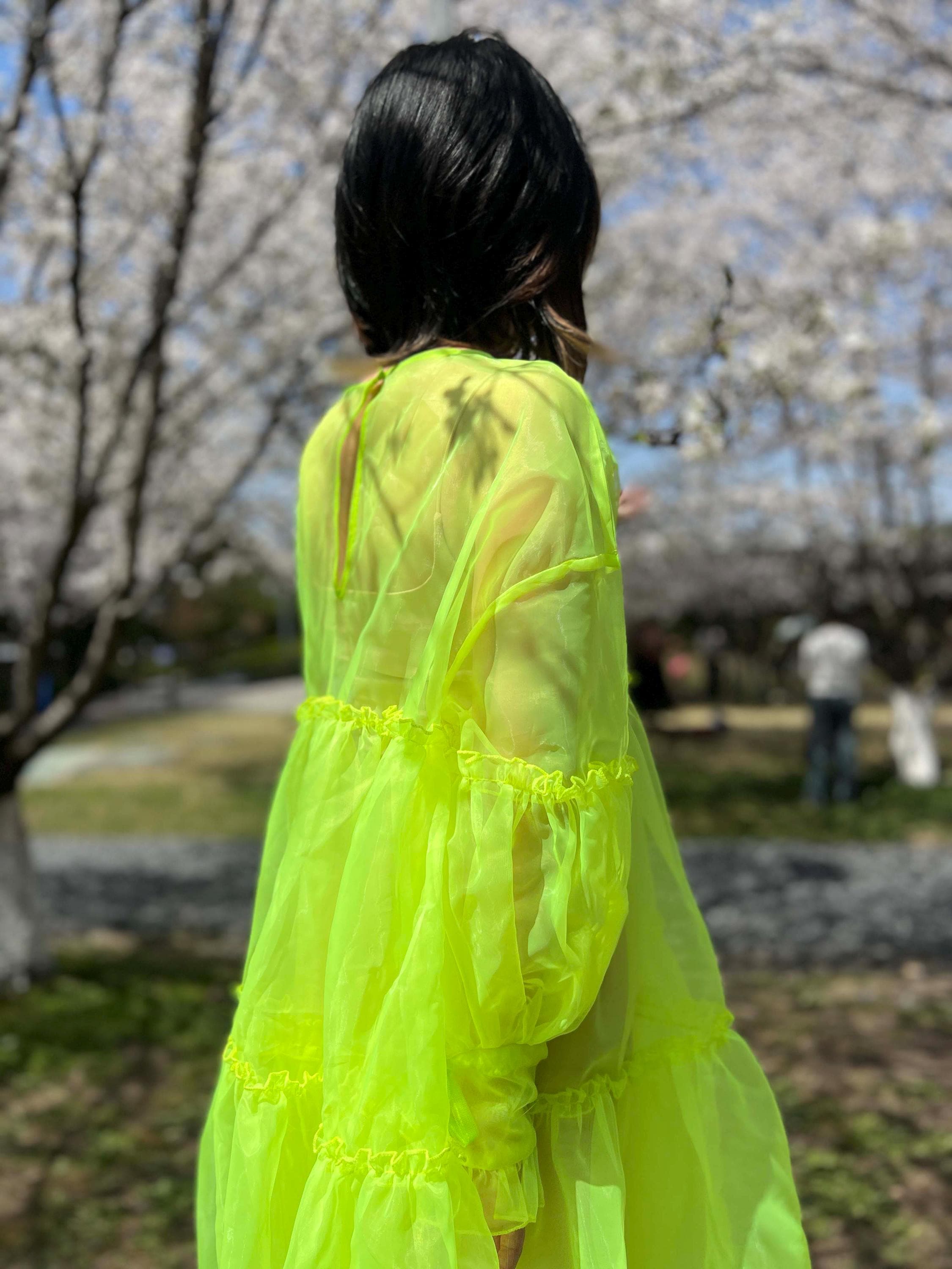 neon green dress with sleeves Neon Green Organza Dress, Customizable Puff Sleeve Gown, UV Reactive Beach Cover Up, Tropical Wedding & Rave Festival, Princess Maxi Dress