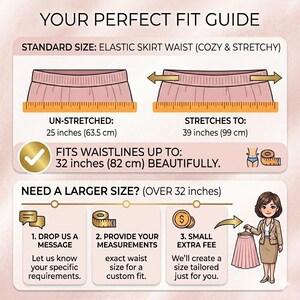 May include: A size guide infographic titled YOUR PERFECT FIT GUIDE showing a pink elastic skirt waist. It displays un-stretched waist measurements of 63.5 cm and stretched measurements of 99 cm, noting it fits waistlines up to 82 cm.