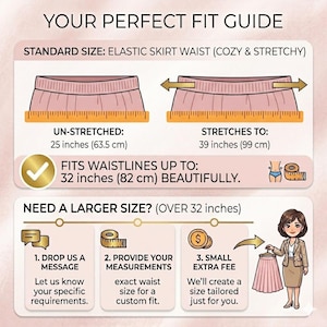 May include: A size guide infographic titled YOUR PERFECT FIT GUIDE showing a pink elastic skirt waist. It displays un-stretched waist measurements of 25 inches and stretched measurements of 39 inches, noting it fits waistlines up to 32 inches.