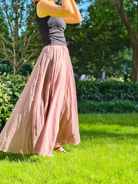 Dark Pink Cotton Skirt, Elastic Waist Long Maxi Skirt, Soft Swing Beach Vacation Skirt, Customizable Length / Waist, Autumn Womens Clothing