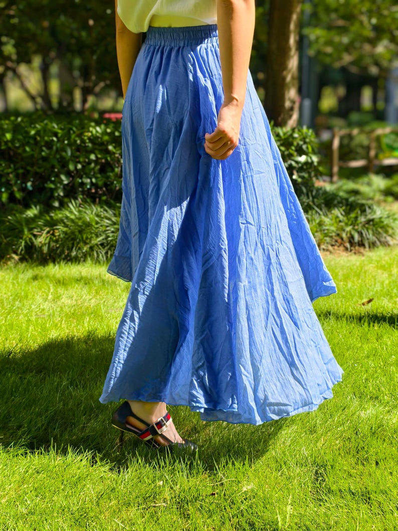 Blue Chinese-style Cotton Skirt, Women's Wear, Custom Length Elastic Waist, Artistic Midi Maxi Skirt, Forest Style Boho Casual Autumn Dress Blue