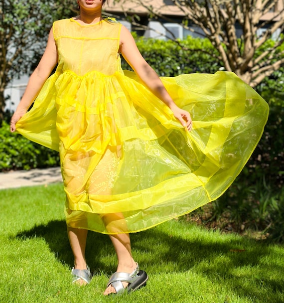 Bright Yellow Organza Dress, Custom Fairycore Dress, Plus Size Wedding Dress, Garden Party Dress, Loose Fit Maxi Dress With Sheer Skirt