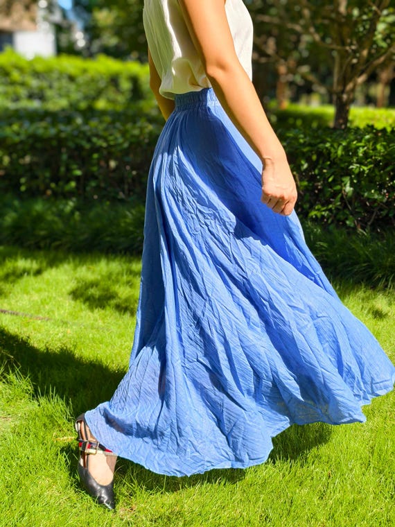 Blue Chinese-style Cotton Skirt,  Women's Wear, Custom Length Elastic Waist, Artistic Midi Maxi Skirt, Forest Style Boho Casual Autumn Dress