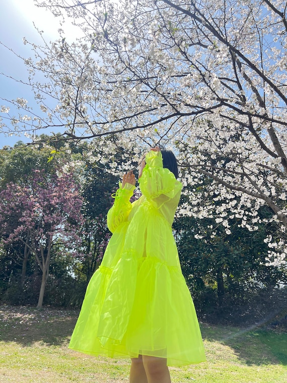 Neon Green Organza Dress, Customizable Puff Sleeve Gown, UV Reactive Beach Cover Up, Tropical Wedding & Rave Festival, Princess Maxi Dress Neon Green Organza Dress, Customizable Puff Sleeve Gown, UV Reactive Beach Cover Up, Tropical Wedding & Rave Festival, Princess Maxi Dress