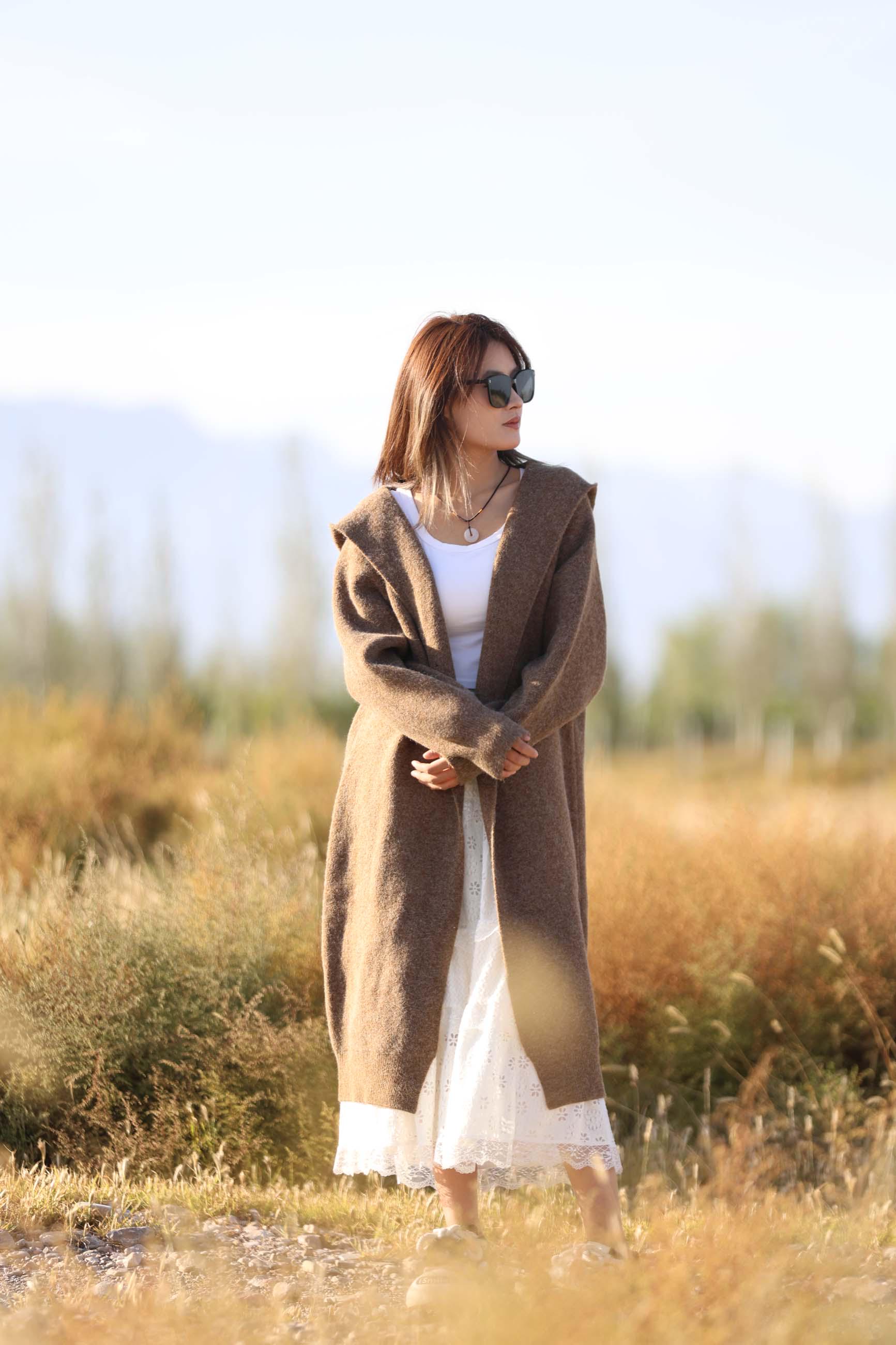 Coffee Oversized Hooded Knit Cardigan, Long Brown Sweater Coat for
