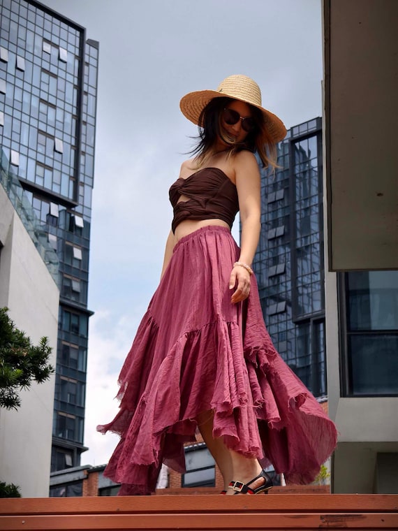 Berry midi skirt set, asymmetrical hem skirt, summer two piece outfit, elegant vacation set, lightweight breathable co ord, romantic outfit