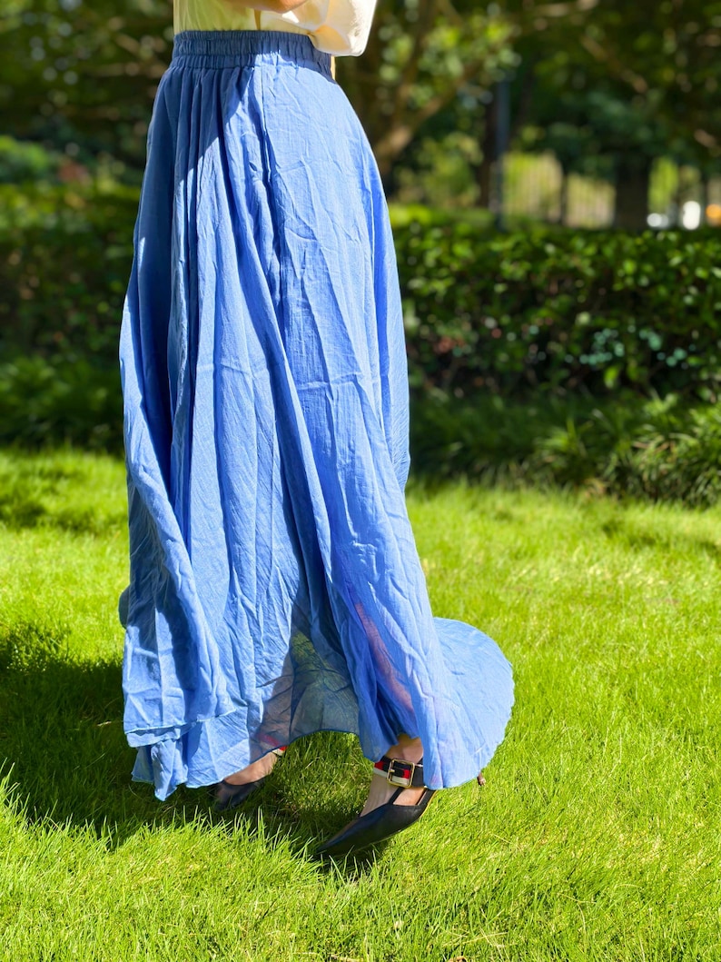 Blue Chinese-style Cotton Skirt, Women's Wear, Custom Length Elastic Waist, Artistic Midi Maxi Skirt, Forest Style Boho Casual Autumn Dress image 2