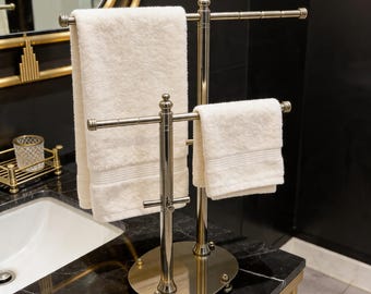 Soporte para toallas de latón, organizador de joyas hecho a mano, soporte de latón multiusos, barra de tocador independiente, elegante expositor de baño