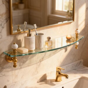 Estantería de pared de cristal, estantería de latón, estante de baño antiguo hecho a mano imagen 3