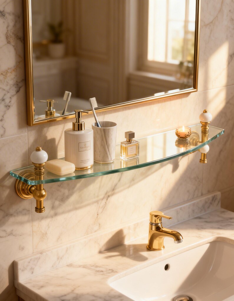 Estantería de pared de cristal, estantería de latón, estante de baño antiguo hecho a mano imagen 3