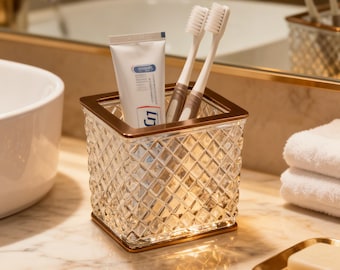 Portacepillos de dientes de latón con cristal negro, vaso para cepillos de dientes de cristal tallado con diamante, portacepillos de dientes moderno, tarro de baño de diseño, tocador de lujo