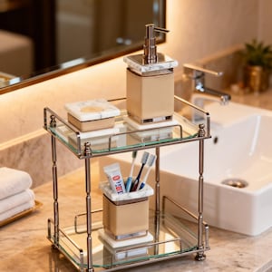 May include: A two-tiered metal and glass bathroom organizer with beige leather and marble accents. The top shelf holds a soap dispenser, a small box, and the bottom shelf holds a toothbrush holder with toothbrushes and toothpaste.