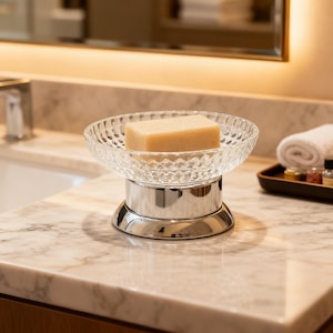 May include: A clear, decorative glass soap dish with a diamond pattern, set on a shiny silver base. The dish holds a rectangular bar of beige soap. The soap dish is on a marble countertop in a bathroom setting.