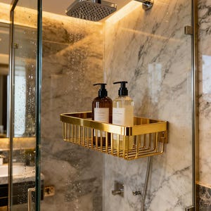 Può includere: Una moderna doccia con un soffione cromato e gocce d'acqua. Un cestello in filo d'oro contiene due flaconi marroni e trasparenti con dispenser a pompa. La doccia è racchiusa da una porta a vetri e pareti marmorizzate.
