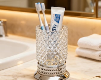 Brass Toothbrush Cup, Brass Crystal Holder, Modern Bathroom Cup, Elegant Vanity Glass Toothbrush Holder, Gold Vanity Tumbler