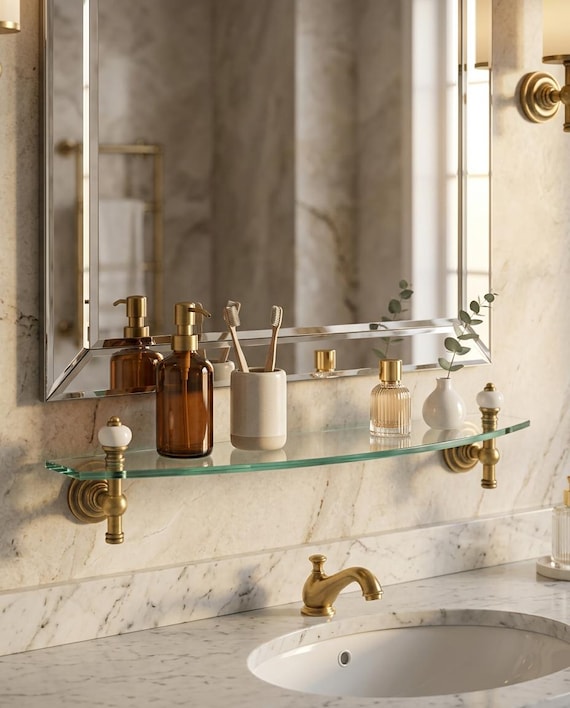Wall Glass Shelf Brass Etagere Handmade Antique Bath Rack