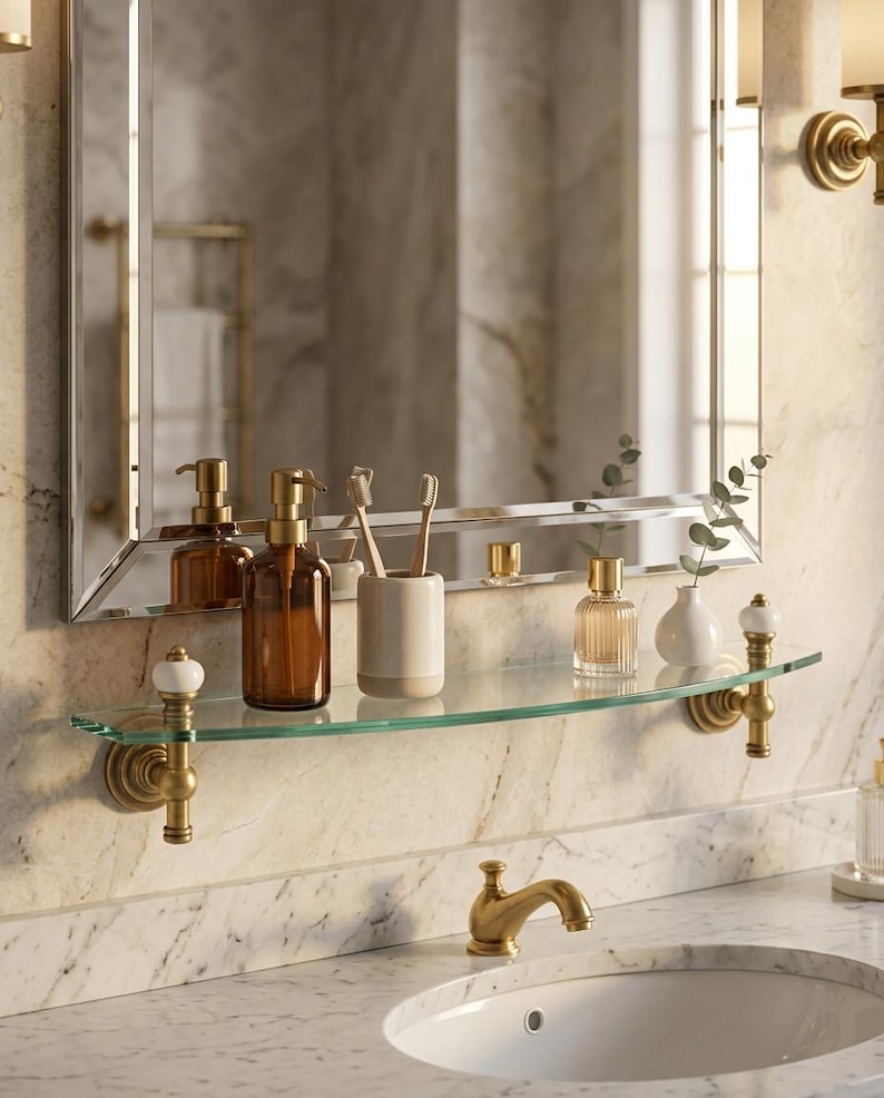 Estantería de pared de cristal, estantería de latón, estante de baño antiguo hecho a mano imagen 2