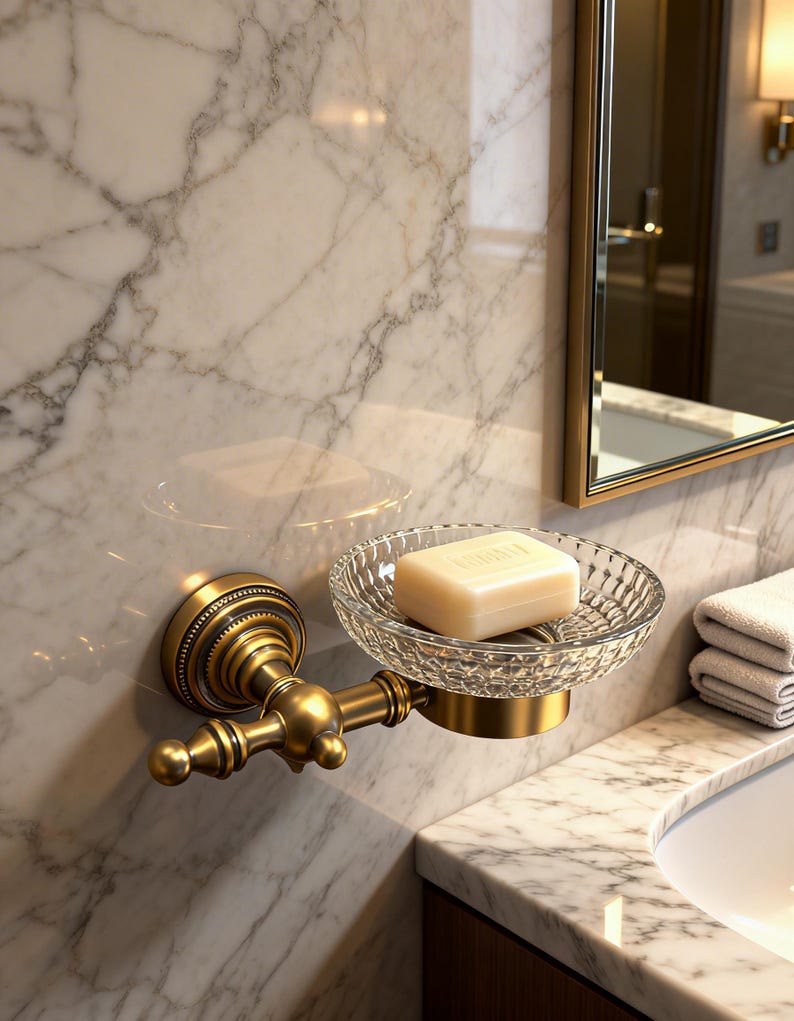 May include: A vintage-style soap dish with a decorative, ornate brass fixture. The clear, patterned glass dish holds a bar of soap. The fixture is mounted on a marble wall, with a mirror and sink visible in the background.