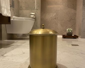 Antique Brass Bin, Ottoman Style Waste, Handmade Brass Can, Rustic Bathroom Accessory, Vintage Lidded Waste Bin