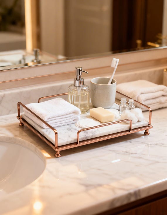 Marmor Waschtisch Tablett, Messing Badezimmer Tablett, Naturstein Organizer, Eleganter Quadratischer Thekenständer, Handgefertigtes Marmor Dekor, Gold, Rose, Chrom