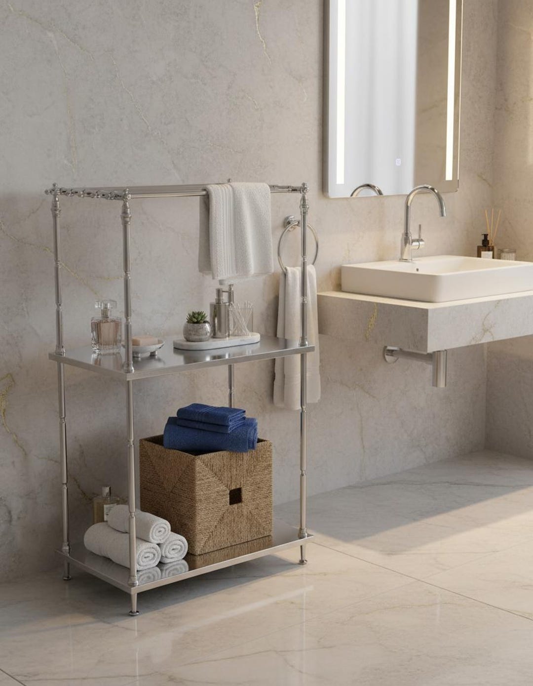 Luxury Vanity Rack, 3 Tier Bath Shelf, Brass Bath Stand With Towel Bar ...