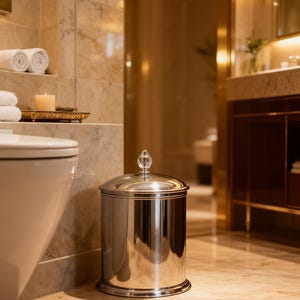 Puede incluir: Un cesto de basura de acero inoxidable pulido con un pomo decorativo de cristal en la tapa. El cubo de basura cilíndrico está en un baño con suelo y paredes de mármol. El baño tiene una estética lujosa, tipo spa.