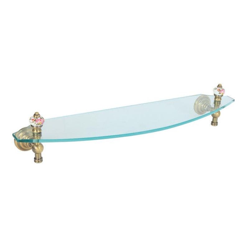 Puede incluir: Estante de vidrio curvado con soportes de lat&oacute;n. Los soportes presentan detalles florales en rosa, blanco y verde. Adecuado para el ba&ntilde;o, el estante mide aproximadamente 40 cm de largo.
