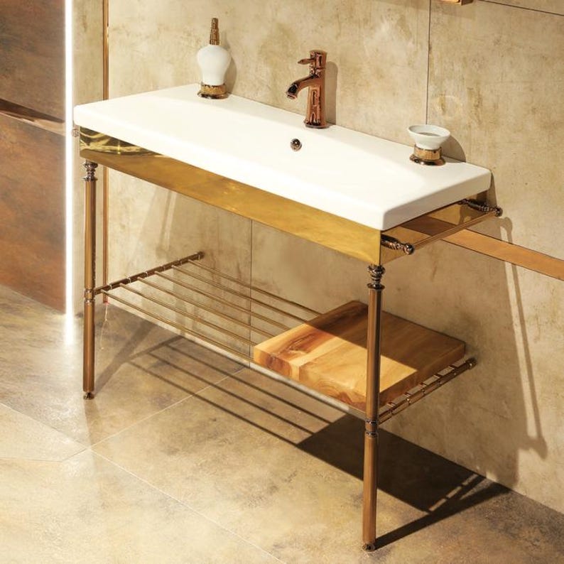 Brass Wide Sink Console Gold Wash Basin Handmade Bathroom Furniture ...