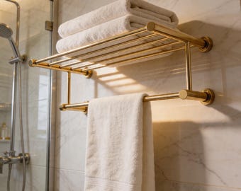 Wall Mounted Towel Rail, Brass Bathroom Shelf, Towel Rail Rack, Handmade Wall Shelf, Modern Bath Storage, Gold Bathroom Accessory