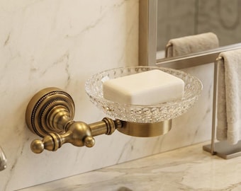 Antique Brass Soap Dish, Crystal Soap Holder, Wall Mounted Solid Brass Holder, Vintage Bathroom Accessories, Handmade  Bathroom Decor