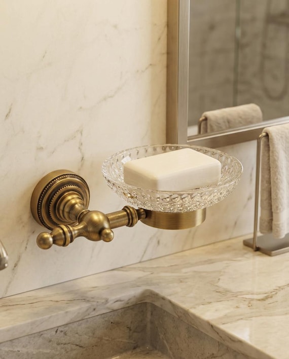 Antique Brass Soap Dish, Crystal Soap Holder, Wall Mounted Solid Brass Holder, Vintage Bathroom Accessories, Handmade  Bathroom Decor