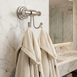 May include: A polished chrome double hook wall mount holds two cream-colored bathrobes. The hook is mounted on a marble wall, with a mirror and bathroom sink visible in the background. The robes have hooded collars.