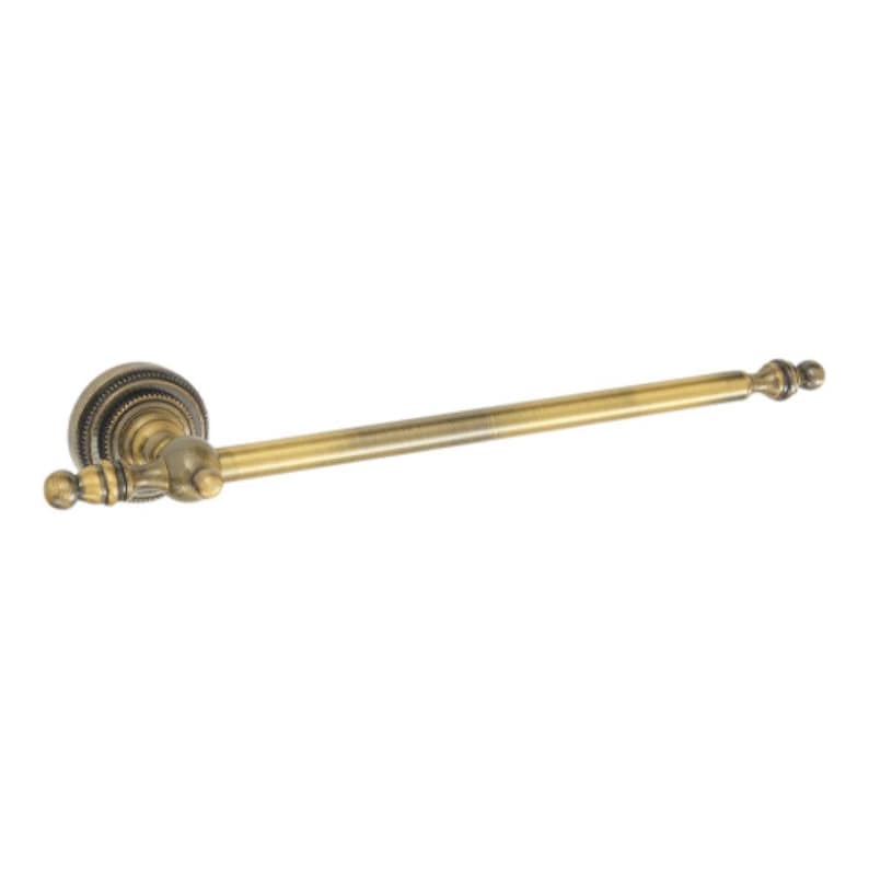 Pode incluir: Toalheiro de lat&atilde;o antigo com detalhes ornamentados. Apresenta um suporte de parede circular com ranhuras decorativas e uma barra central alongada. As extremidades da barra t&ecirc;m terminais decorativos. Design vintage e elegante, com cerca de 30 cm de comprimento.
