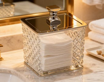Lidded Glass Cotton Holder, Brass Storage Canister, Handmade Sealed Container, Refillable Cotton Pad Box, Bathroom Decor, Rose, Gold, Chrome