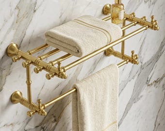Handmade Brass Towel Rack, Gold Wall Rack, Double Towel Bar, Vintage Bathroom Shelf, Rustic Brass Holder