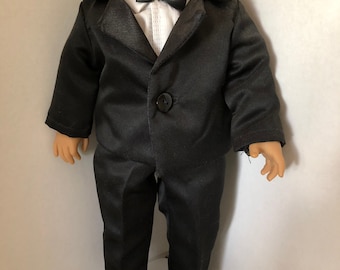 Black Satin  Boy Tuxedo Outfit (shirt tie vest pants jacket and shoes) for 18" boy doll