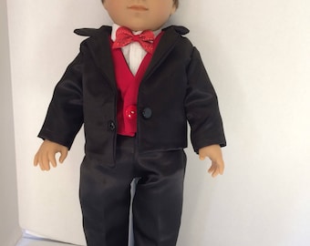 Black Satin Tuxedo Outfit ( pants shoes Red Vest white shirt Red Bow Tie) for 18"  Boy Doll Free Shipping