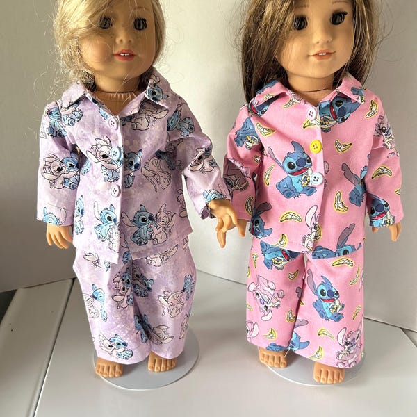 Pyjamas med lavendelfärgade eller rosa karaktärer för 15- eller 18-tums flickadocka