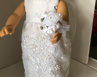 SALE White Wedding Dress with Lace Overlay Veil and Flowers Free Shipping