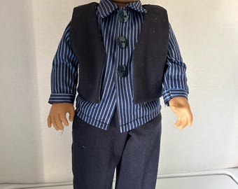 Blue  Vest Pants Blue Striped Shirt and Black Satin Shoes for 18” Boy Doll