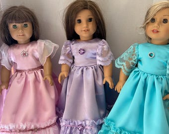 18インチアメリカンガールドール用ピンクパープルまたはティールロングサテンドレス